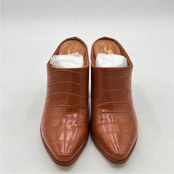 FOWT Crocodile Embossed Mules Chunky Stacked Heel Pointed Toe brown size 7 - Picture 8 of 16